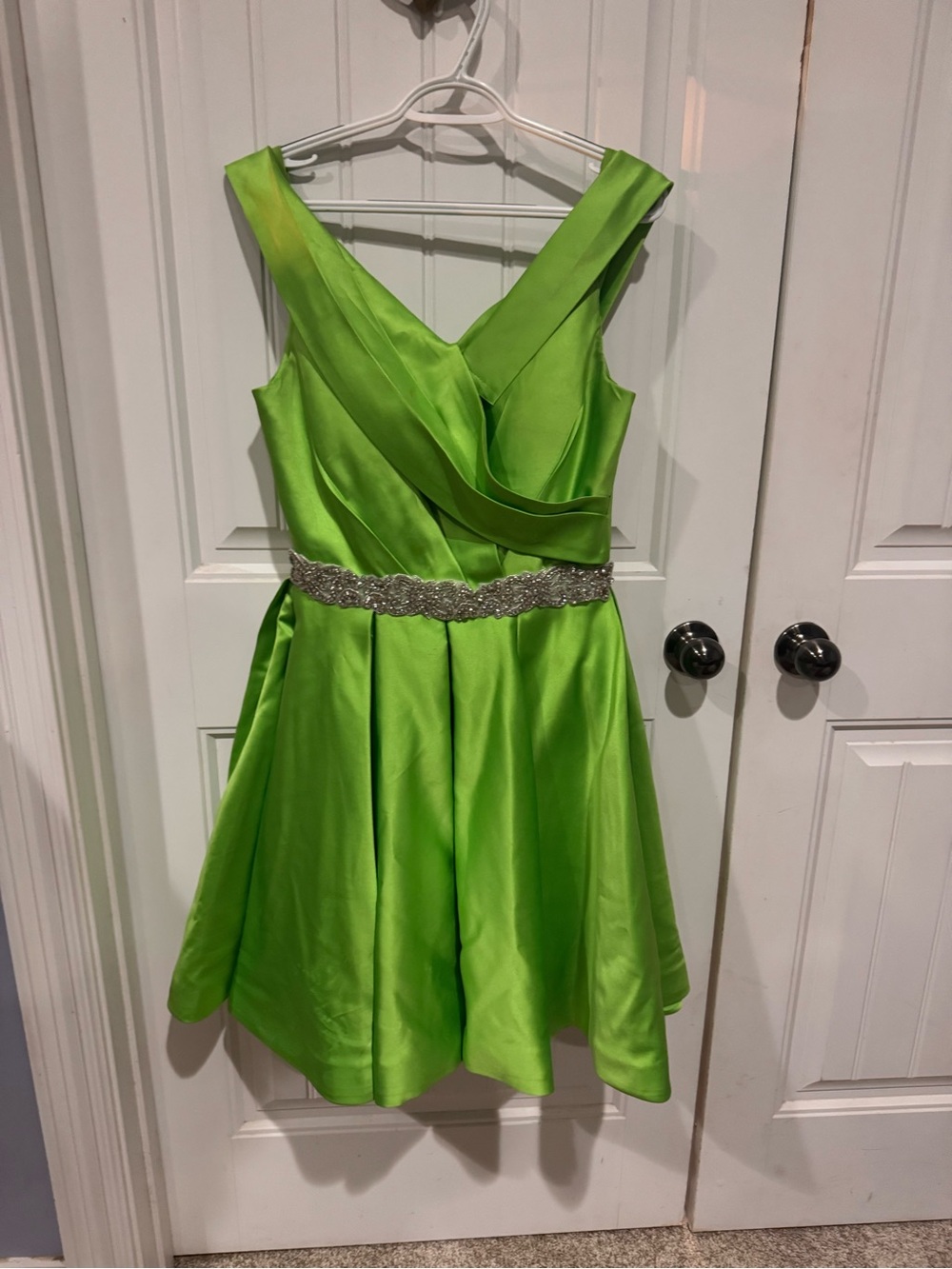 green homecoming/special occasion satin corset dress with sequin/beaded belt